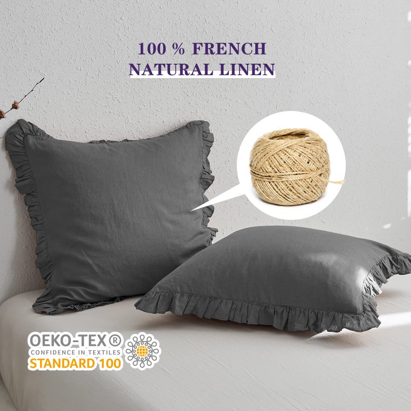 Simple&Opulence البسيطة والبخمة بنسبة 100 ٪ من الحجر الكتان الغسول مع شام باليورو مع الكشكش 26 × 26 بوصة تغطية وسادة مجموعة من 2 وسادة الزخرفة ناعمة وتنفس الرمادي الداكن  - Image 2