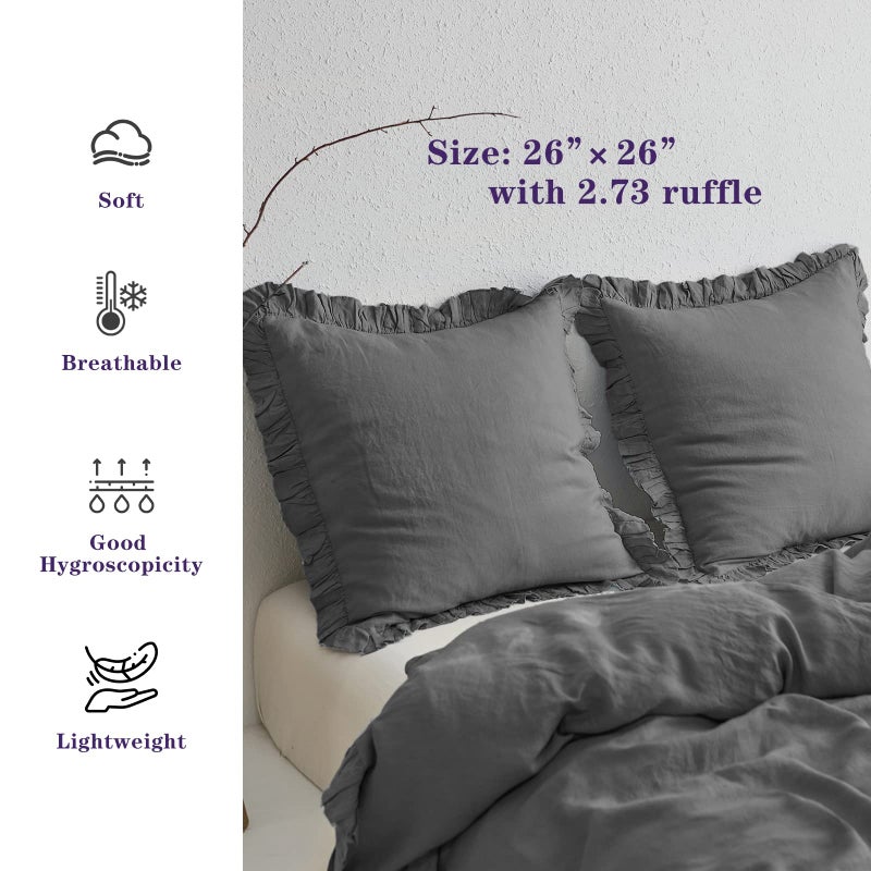 Simple&Opulence البسيطة والبخمة بنسبة 100 ٪ من الحجر الكتان الغسول مع شام باليورو مع الكشكش 26 × 26 بوصة تغطية وسادة مجموعة من 2 وسادة الزخرفة ناعمة وتنفس الرمادي الداكن  - Image 3
