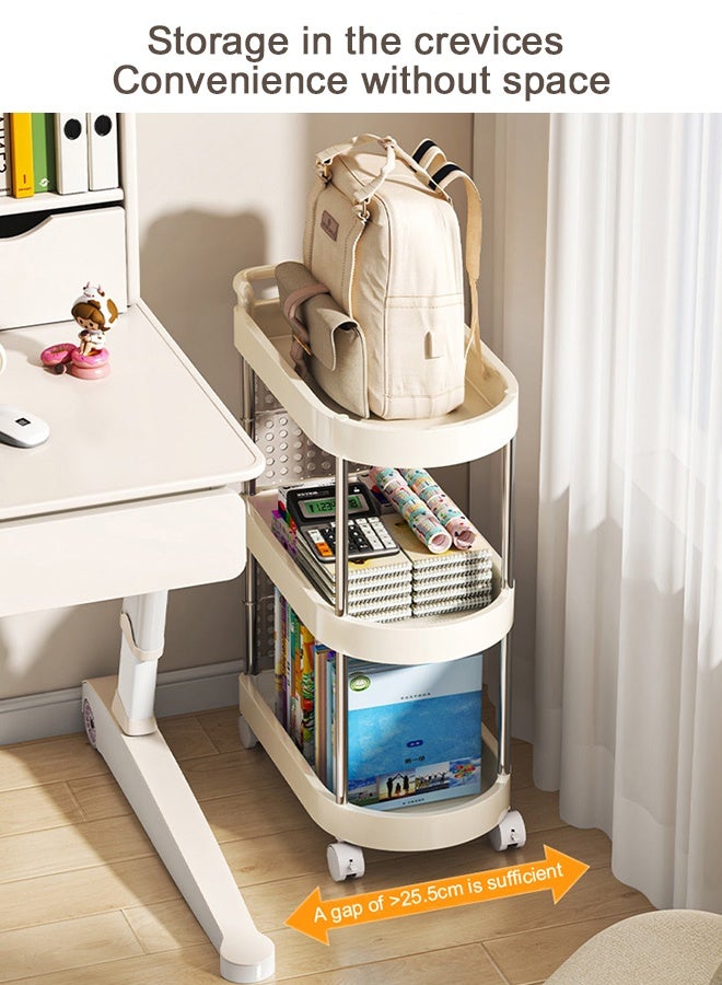 فورثكان رف تخزين 3 طبقات قائم بذاته بعجلات، لون كريمي، منظم أرضي للمكتب، غرفة النوم، جانب السرير وزاوية الحائط، المقاس 49.5×25.5×67.2 سم - Image 3