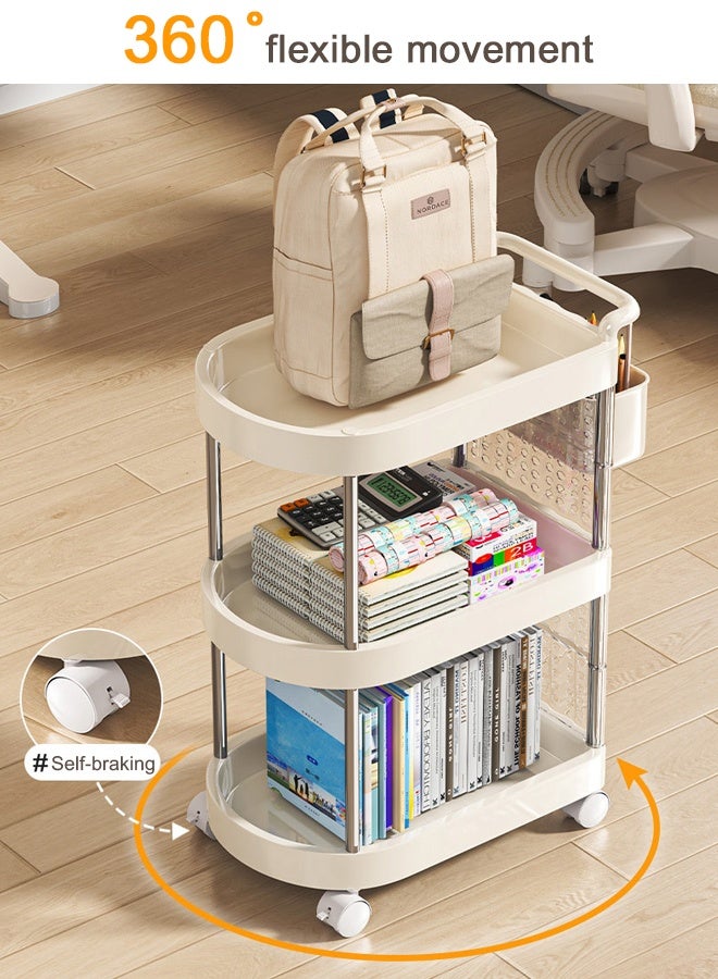 فورثكان رف تخزين 3 طبقات قائم بذاته بعجلات، لون كريمي، منظم أرضي للمكتب، غرفة النوم، جانب السرير وزاوية الحائط، المقاس 49.5×25.5×67.2 سم - Image 5