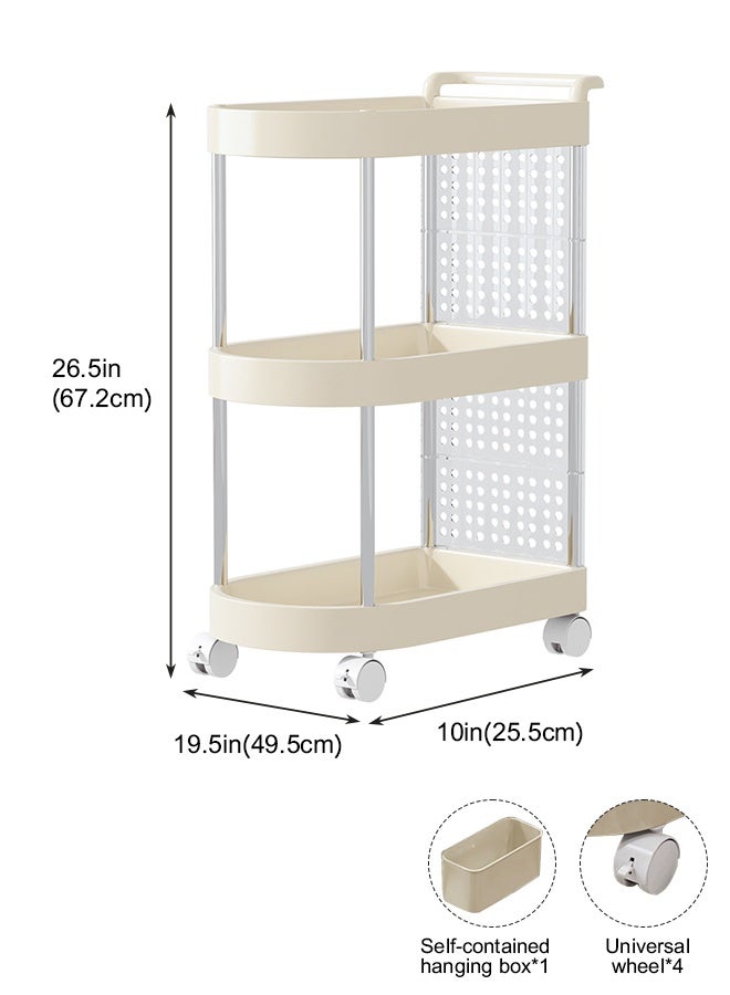 فورثكان رف تخزين 3 طبقات قائم بذاته بعجلات، لون كريمي، منظم أرضي للمكتب، غرفة النوم، جانب السرير وزاوية الحائط، المقاس 49.5×25.5×67.2 سم - Image 2