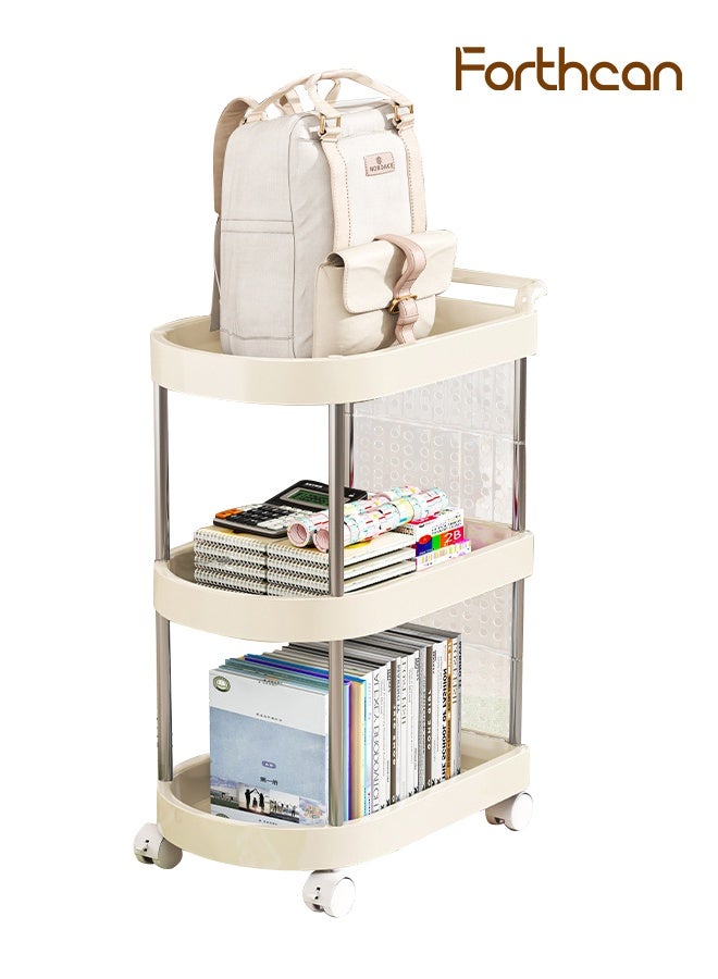 فورثكان رف تخزين 3 طبقات قائم بذاته بعجلات، لون كريمي، منظم أرضي للمكتب، غرفة النوم، جانب السرير وزاوية الحائط، المقاس 49.5×25.5×67.2 سم - Image 1