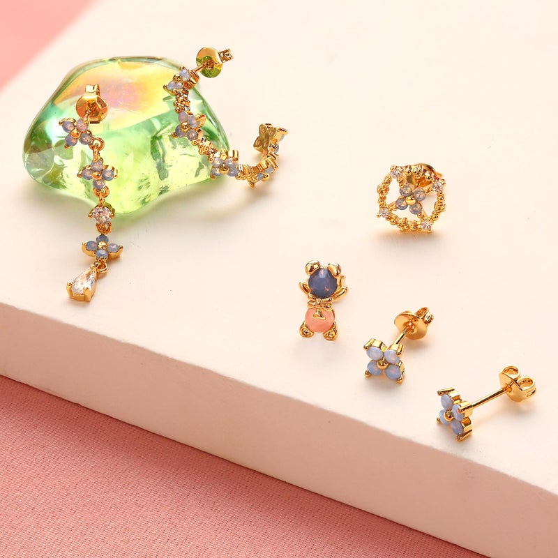 Krfy 6 Pcs Dainty Gold Plated Earrings for Women - Hypoallergenic Sterling Silver Post Earrings for Multiple Piercing Blue Blossom - Image 2