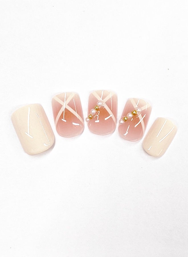 NIBEMINENT 24Pcs Fake Nails, Press Nails In Box,Short-length Flat head shaped Solid Pink White Color Shiny Nail Art,Gold Pearl,Simplicity Fake Nail Patch - Image 2