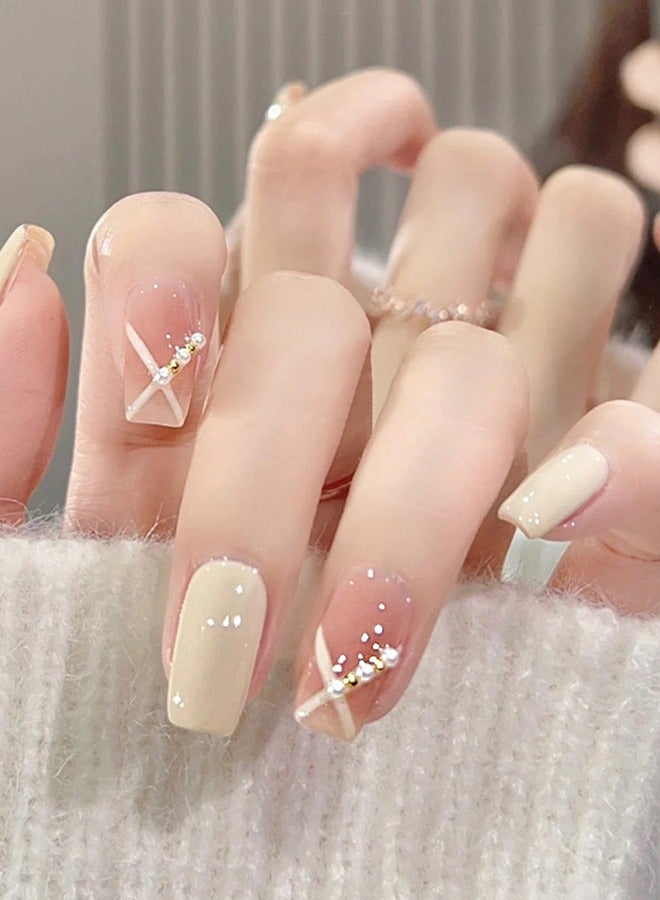 NIBEMINENT 24Pcs Fake Nails, Press Nails In Box,Short-length Flat head shaped Solid Pink White Color Shiny Nail Art,Gold Pearl,Simplicity Fake Nail Patch - Image 1
