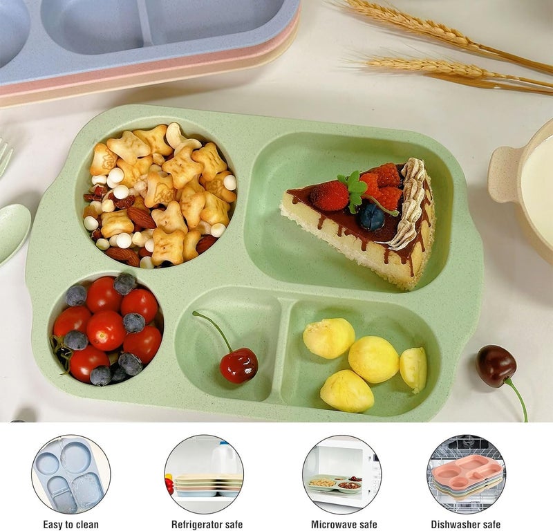 shopwithgreen Wheat Straw Dinnerware Cutlery Set, 20 PCS Kids Toddlers Divided Plates and Bowls Sets, Microwave Unbreakable Tableware Spoon Knife Cup, Dishwasher Safe for Kitchen Picnic School - Image 3