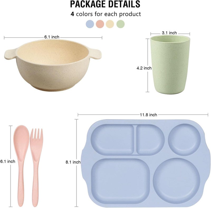 shopwithgreen Wheat Straw Dinnerware Cutlery Set, 20 PCS Kids Toddlers Divided Plates and Bowls Sets, Microwave Unbreakable Tableware Spoon Knife Cup, Dishwasher Safe for Kitchen Picnic School - Image 2
