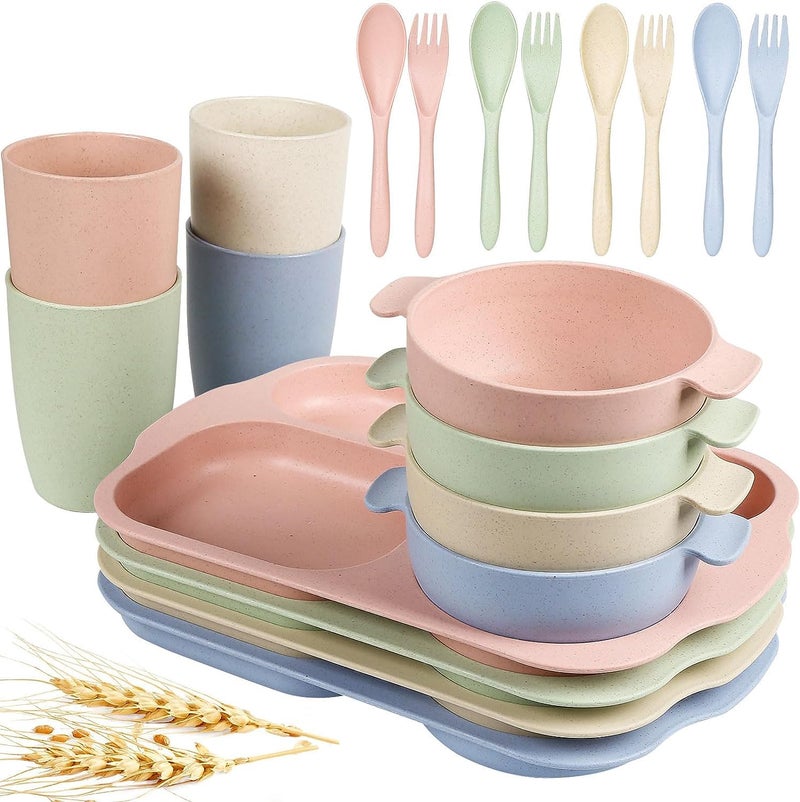 shopwithgreen Wheat Straw Dinnerware Cutlery Set, 20 PCS Kids Toddlers Divided Plates and Bowls Sets, Microwave Unbreakable Tableware Spoon Knife Cup, Dishwasher Safe for Kitchen Picnic School - Image 1