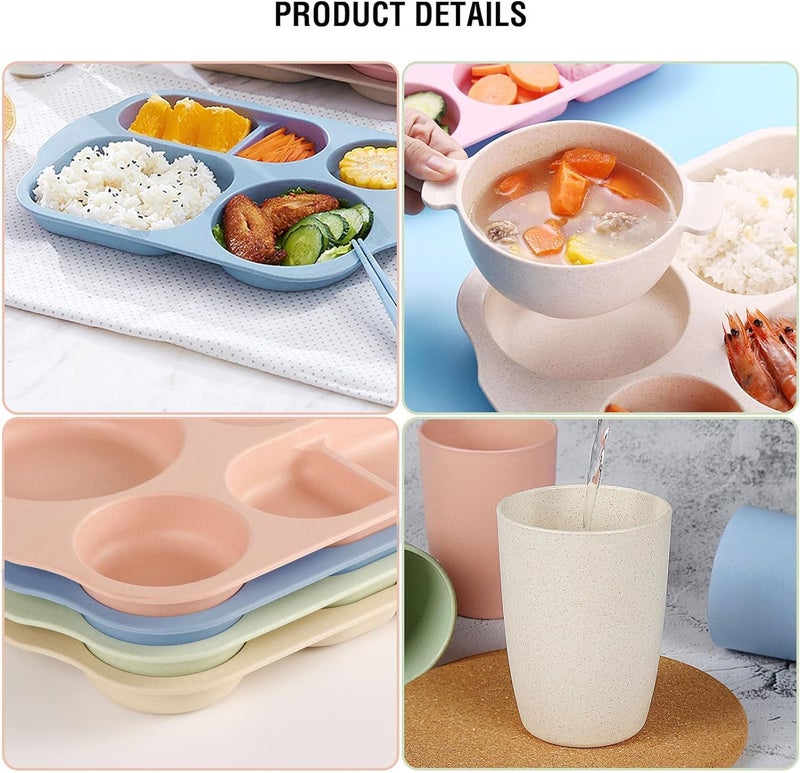 shopwithgreen Wheat Straw Dinnerware Cutlery Set, 20 PCS Kids Toddlers Divided Plates and Bowls Sets, Microwave Unbreakable Tableware Spoon Knife Cup, Dishwasher Safe for Kitchen Picnic School - Image 4