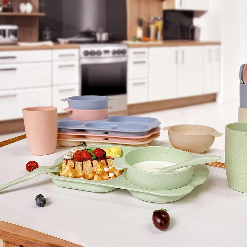 shopwithgreen Wheat Straw Dinnerware Cutlery Set, 20 PCS Kids Toddlers Divided Plates and Bowls Sets, Microwave Unbreakable Tableware Spoon Knife Cup, Dishwasher Safe for Kitchen Picnic School - Image 5