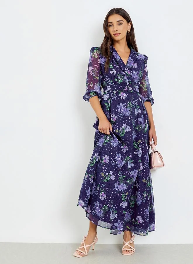 Purple Floral Print Belted Maxi Dress