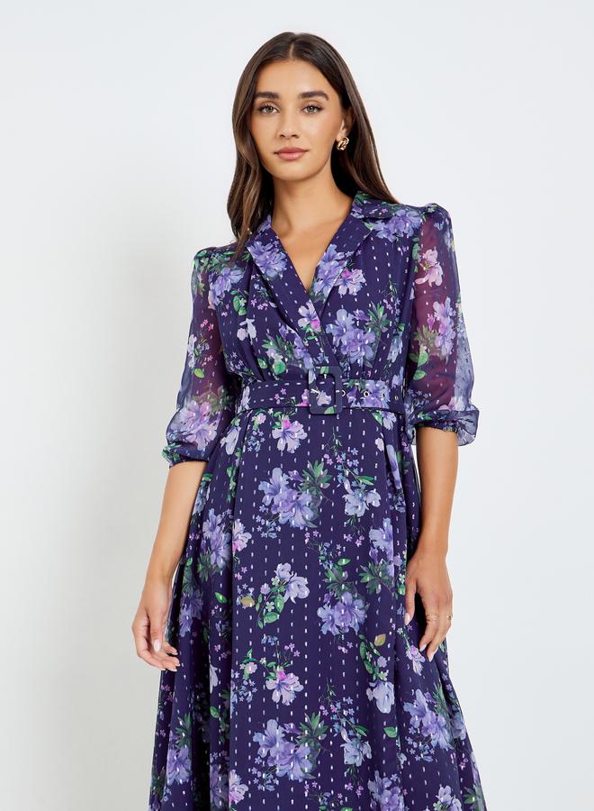 ستايلي فستان طويل مع حزام وطبعة زهور - Image 3