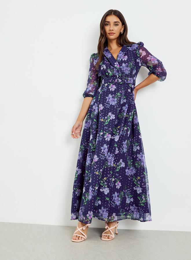 ستايلي فستان طويل مع حزام وطبعة زهور - Image 2