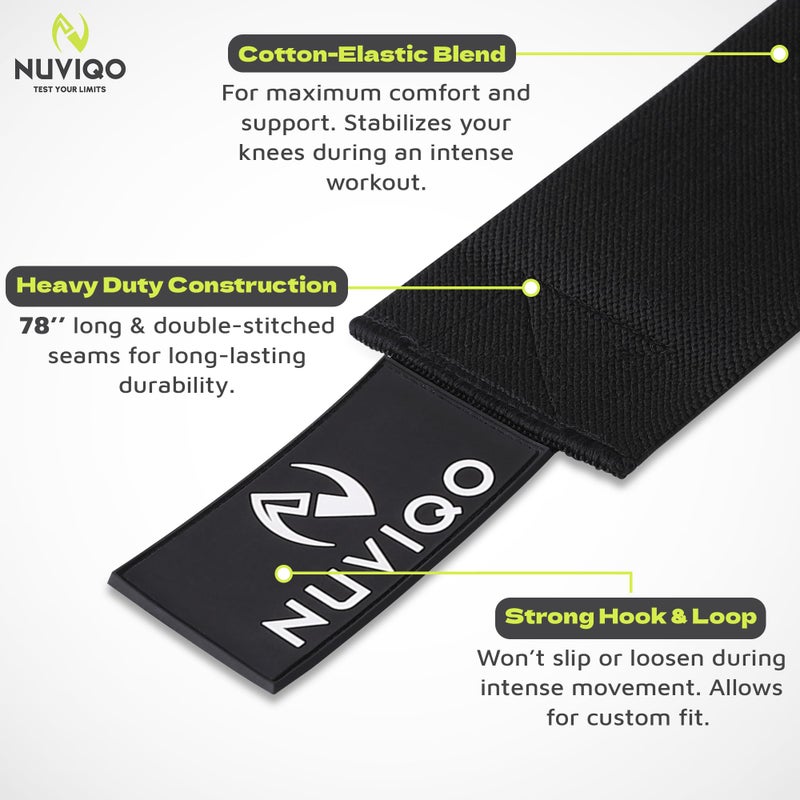 Nuviqo Knee Wraps (Pair) for Weightlifting â€“ 78 Inch Maximum Compression Wrap for Squats & Pain Relief, Ideal for Men & Women, Powerlifting, Cross Training & Leg Day in the Gym - Image 2