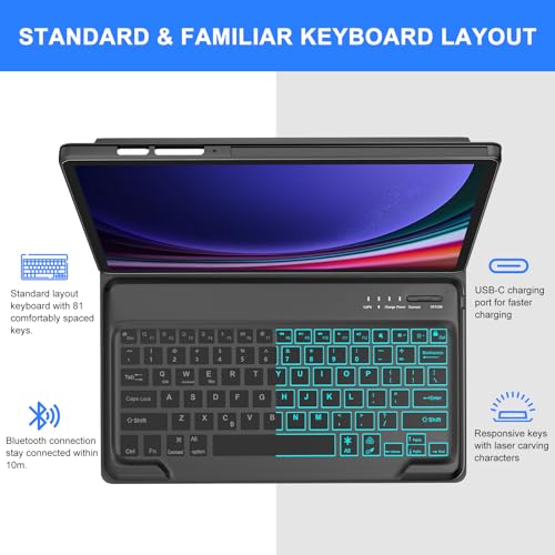 SENGBIRCH Keyboard Case for Samsung Galaxy Tab S9+ Plus 12.4 inch - 7 Colors Backlit, Magnetic Detachable, Bluetooth Connection, Auto Sleep/Wake Up Smart Case for Samsung Galaxy S10 Plus 2024 (Grey) - Image 4