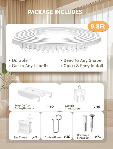 MERDTTES Flexible Bendable Ceiling Curtain Track, 9.8 FT (3 m), Mount for Rail with sliding Curtain Track System, Curtain Track Ceiling Mount, Room Divider for RV, Bathroom, Ceiling Curtain Rod, White - Image 2