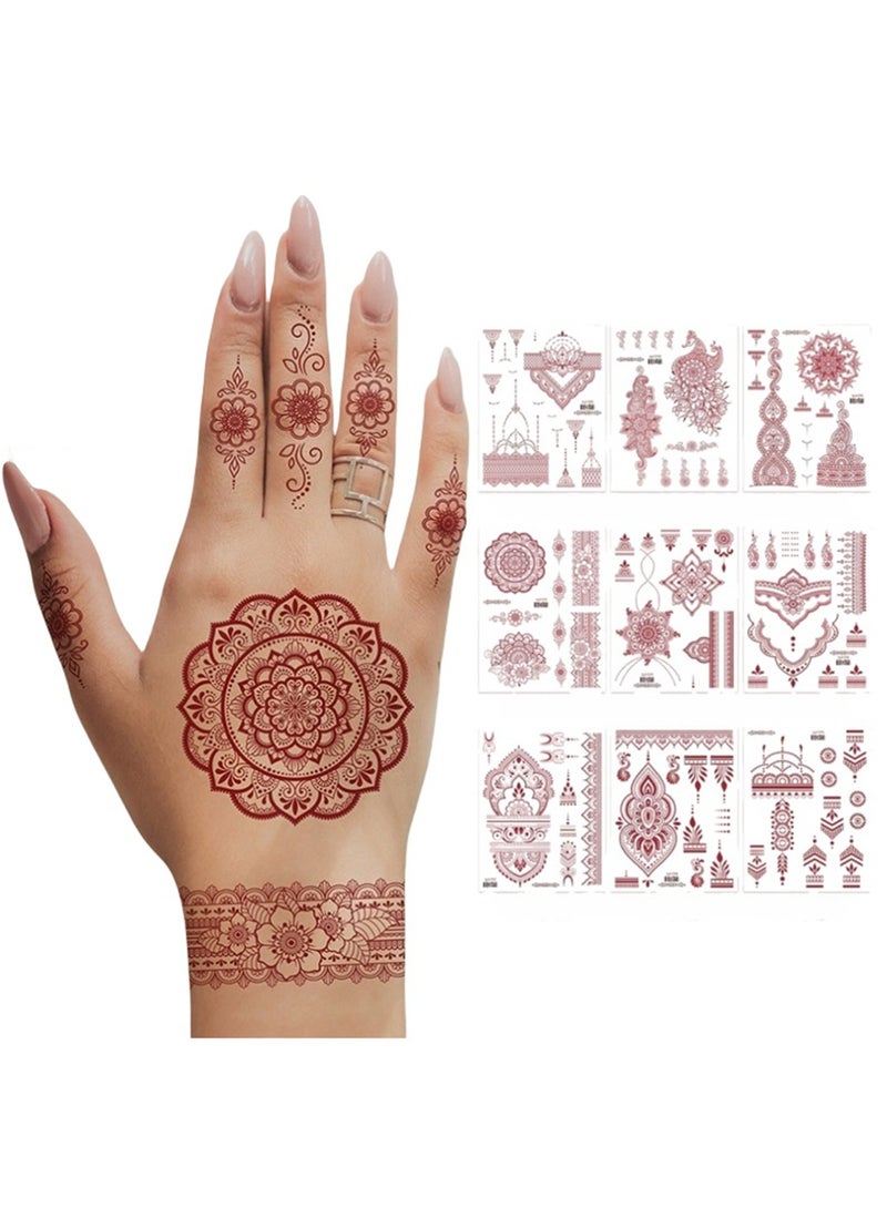 9 Sheets Waterproof Brown Henna Tattoos for Women-Wedding Party Peacock Lotus Stickers Body Art - Image 1