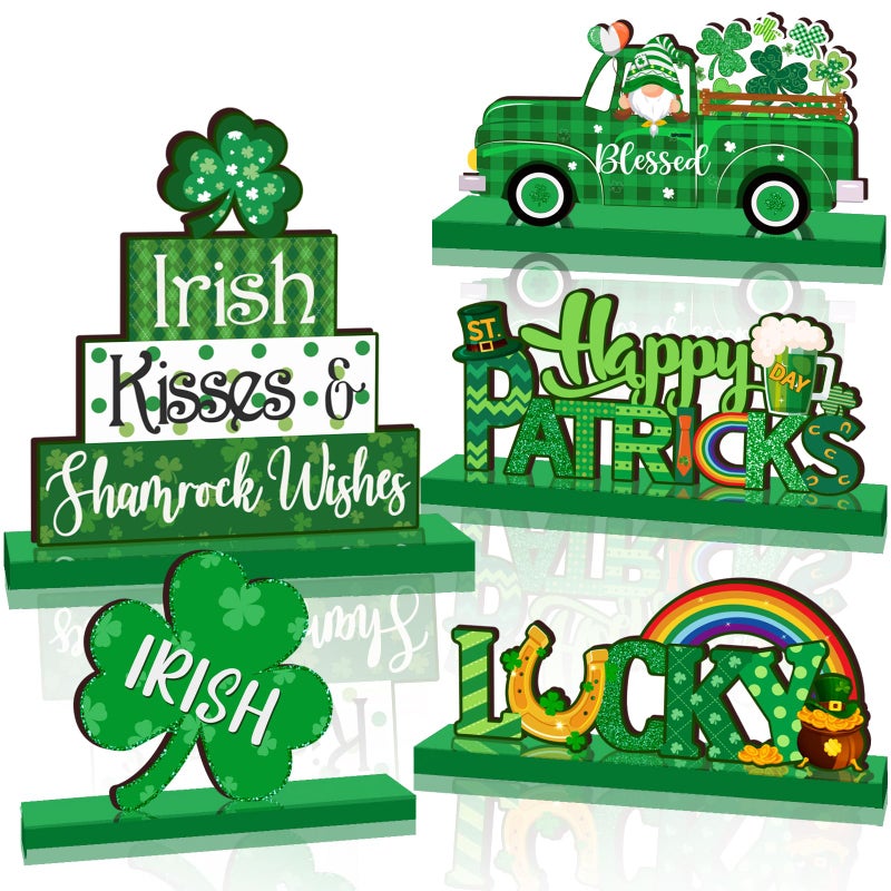 ILUIGGW St Patricks Day Decorations Wooden Shamrock Table Centerpiece Irish Gnome St Patricks Day Wooden Signs Saint Patricks Day Table Decorations for Tabletop Home Shelf St Patricks Day Party Decor - Image 3