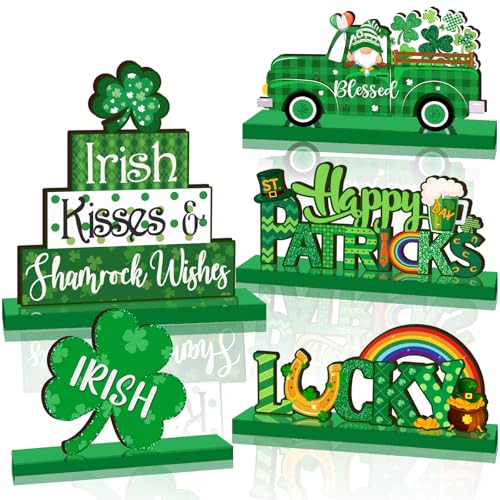 ILUIGGW St Patricks Day Decorations Wooden Shamrock Table Centerpiece Irish Gnome St Patricks Day Wooden Signs Saint Patricks Day Table Decorations for Tabletop Home Shelf St Patricks Day Party Decor - Image 1