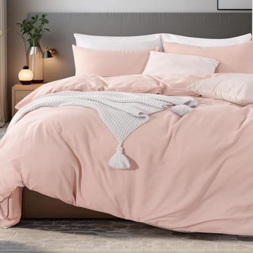 NEXHOME PRO 100 Washed Cotton Duvet Cover King Size Linen Feel Textured Organic Natural Duvet Cover Set 3 Pieces Bedding with Zipper Closure Breathable Dusty PinkNo Comforter