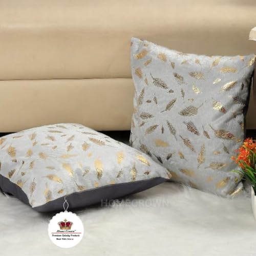 HOMECROWN Velvet Cushion Covers 16x16 Inch – Set of 2 Pcs, Golden Feather Print, Soft Faux Fur Decorative Throw Pillow Covers for Sofa, Couch, Bed, Living Room (Grey) - Image 2