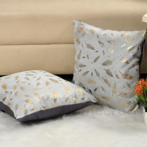 HOMECROWN Velvet Cushion Covers 16x16 Inch – Set of 2 Pcs, Golden Feather Print, Soft Faux Fur Decorative Throw Pillow Covers for Sofa, Couch, Bed, Living Room (Grey) - Image 1