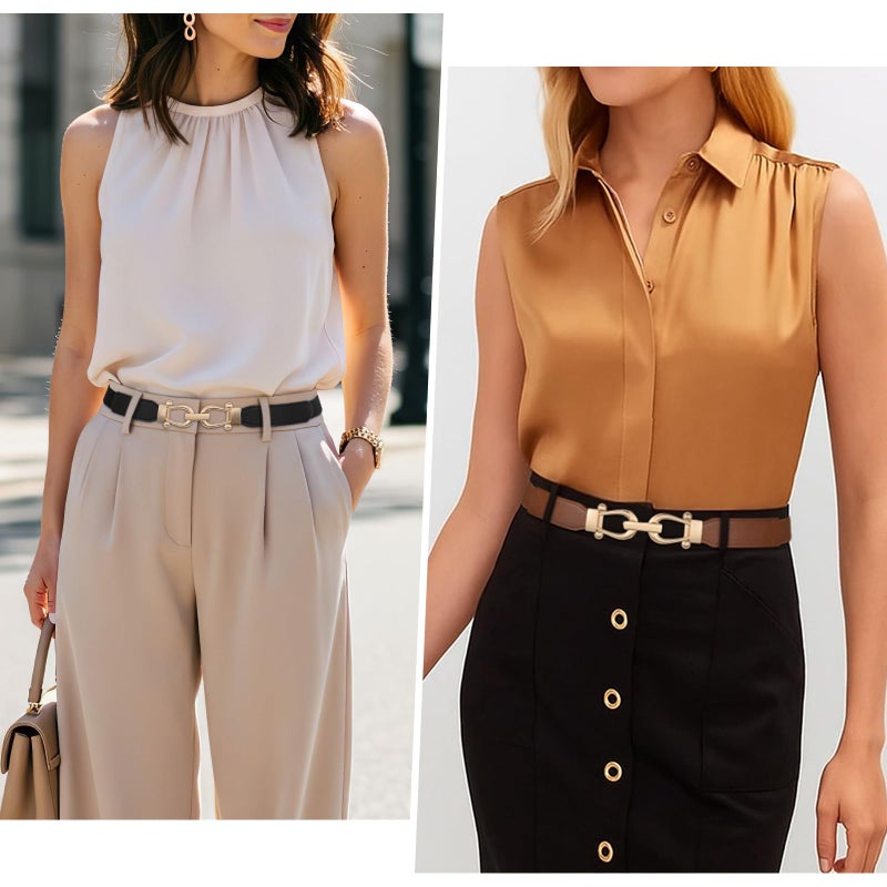 JASGOOD Women Skinny Elastic Belt for Dresses,Thin Retro Stretch Waist Belt with Golden Buckle 3 Pack,Black+Brown+Beige - Image 4