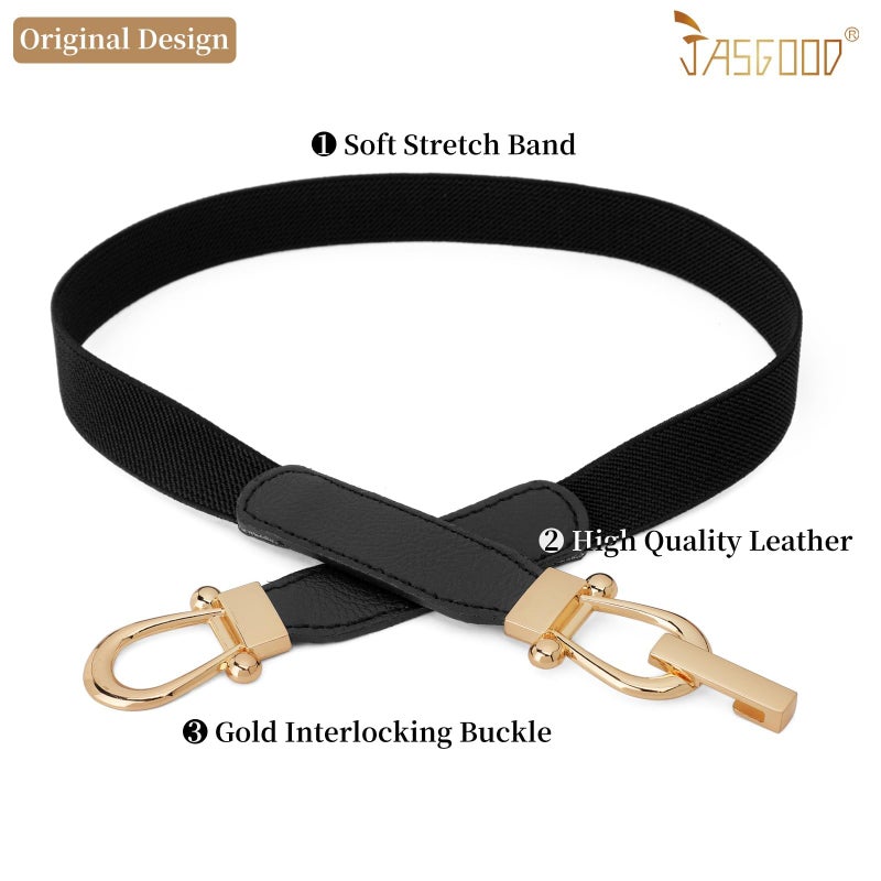 JASGOOD Women Skinny Elastic Belt for Dresses,Thin Retro Stretch Waist Belt with Golden Buckle 3 Pack,Black+Brown+Beige - Image 2