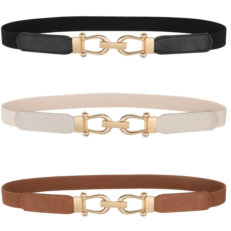 JASGOOD Women Skinny Elastic Belt for Dresses,Thin Retro Stretch Waist Belt with Golden Buckle 3 Pack,Black+Brown+Beige - Image 1