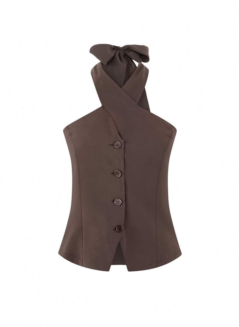 trendyol Limited Edition Brown Modal Blend Halter Neck Fitted Vest - Image 1