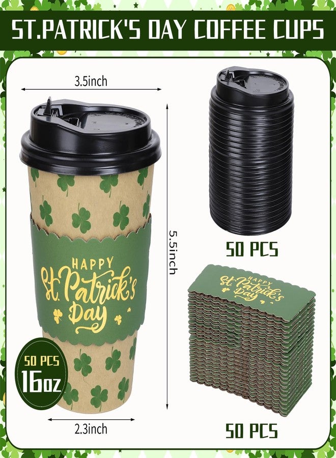 Whaline 50 Pcs St. Patrick's Day Disposable Coffee Cups with Lids and Sleeves Green Shamrock Clover Paper Drinking Cups Gold Foil Stamping Cup Sleeves for Irish Holiday Spring Party Supplies - Image 2
