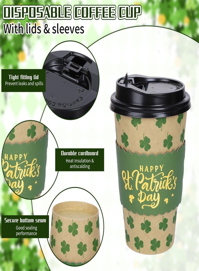 Whaline 50 Pcs St. Patrick's Day Disposable Coffee Cups with Lids and Sleeves Green Shamrock Clover Paper Drinking Cups Gold Foil Stamping Cup Sleeves for Irish Holiday Spring Party Supplies - Image 3