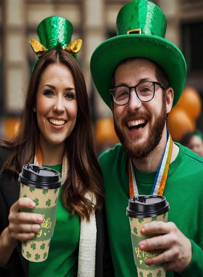 Whaline 50 Pcs St. Patrick's Day Disposable Coffee Cups with Lids and Sleeves Green Shamrock Clover Paper Drinking Cups Gold Foil Stamping Cup Sleeves for Irish Holiday Spring Party Supplies - Image 5