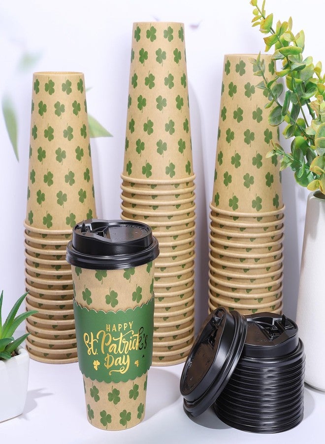 Whaline 50 Pcs St. Patrick's Day Disposable Coffee Cups with Lids and Sleeves Green Shamrock Clover Paper Drinking Cups Gold Foil Stamping Cup Sleeves for Irish Holiday Spring Party Supplies - Image 4