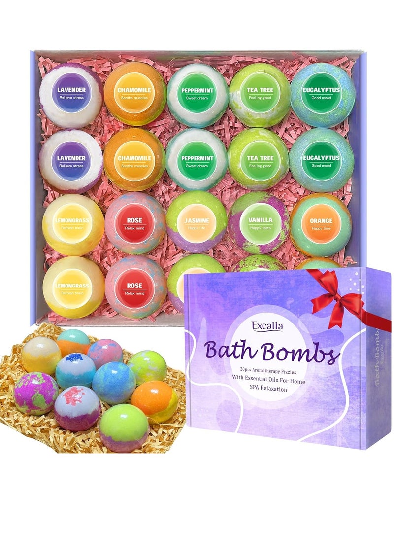 Excalla Bath Bombs for Women, 20 Pcs Handmade Bubble Bathbombs Gift Set, Shea & Coco Butter Dry Skin Moisturize, SPA Relaxing Gifts for Women & Men, Her, Girls, Wife, Birthday  - Image 1