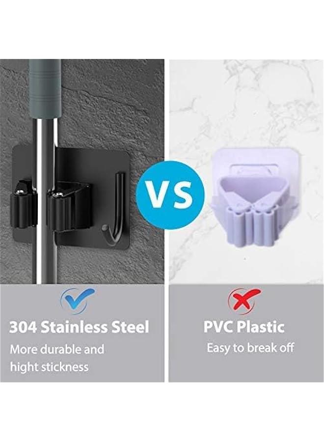 HOOKOR Mop Broom Holder No Drill, Mop Broom Organizer Wall Mounted Heavy Duty with Hooks Hanger, Self Adhesive Stainless Steel 4Pcs for Bathroom, Kitchen, Office，Closet Garage Laundry Room - Image 4
