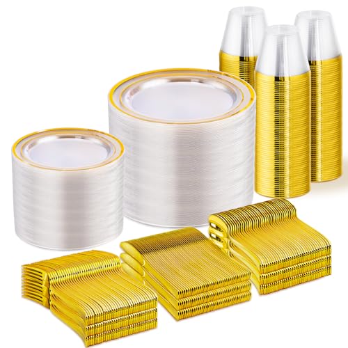 WELLIFE 600 PCS Clear Gold Disposable Dinnerware Set for 100 Guests Elegant Gold rimmed Plastic Plates Cups Cutlery for Weddings Receptions Holiday Events BPAFree Clear and Gold - Image 2