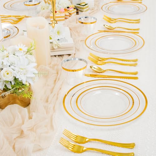 WELLIFE 600 PCS Clear Gold Disposable Dinnerware Set for 100 Guests Elegant Gold rimmed Plastic Plates Cups Cutlery for Weddings Receptions Holiday Events BPAFree Clear and Gold - Image 5