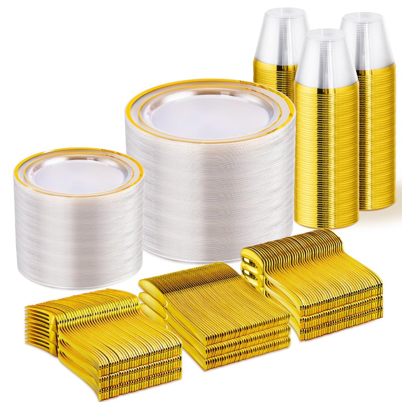 WELLIFE 600 PCS Clear Gold Disposable Dinnerware Set for 100 Guests Elegant Gold rimmed Plastic Plates Cups Cutlery for Weddings Receptions Holiday Events BPAFree Clear and Gold - Image 3
