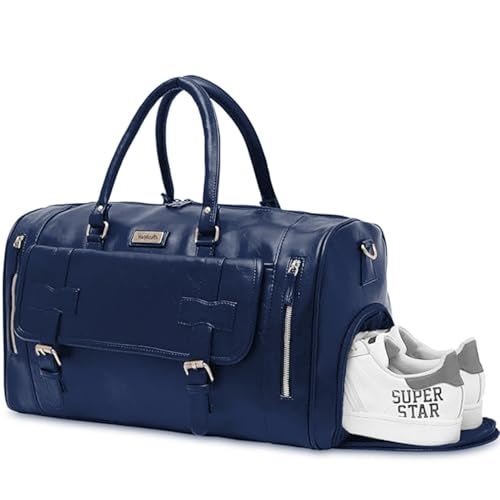 Handcuffs Duffle Bag PU Leather Weekender Travel Duffel with Separate Shoe Compartment & Removable Shoulder Strap for Men & Women | Holiday Bags | Luggage Duffles (Blue) - Image 1