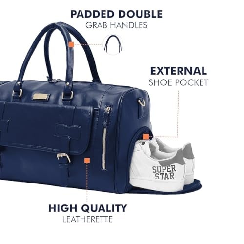 Handcuffs Duffle Bag PU Leather Weekender Travel Duffel with Separate Shoe Compartment & Removable Shoulder Strap for Men & Women | Holiday Bags | Luggage Duffles (Blue) - Image 3