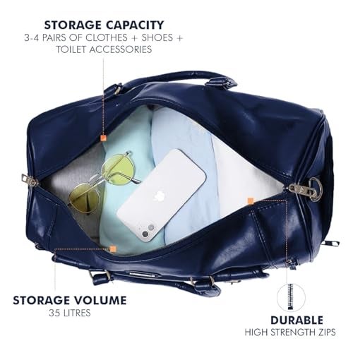 Handcuffs Duffle Bag PU Leather Weekender Travel Duffel with Separate Shoe Compartment & Removable Shoulder Strap for Men & Women | Holiday Bags | Luggage Duffles (Blue) - Image 4