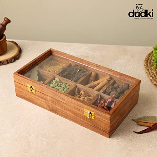 dudki Handmade Mango Wooden Spice Box for Kitchen for Kitchen with 8 Small Partitions and Transparent Top Lid with one Wooden Spoon - Image 2