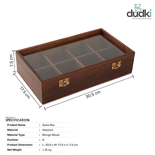 dudki Handmade Mango Wooden Spice Box for Kitchen for Kitchen with 8 Small Partitions and Transparent Top Lid with one Wooden Spoon - Image 3