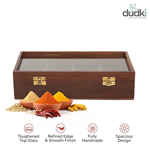 dudki Handmade Mango Wooden Spice Box for Kitchen for Kitchen with 8 Small Partitions and Transparent Top Lid with one Wooden Spoon - Image 4