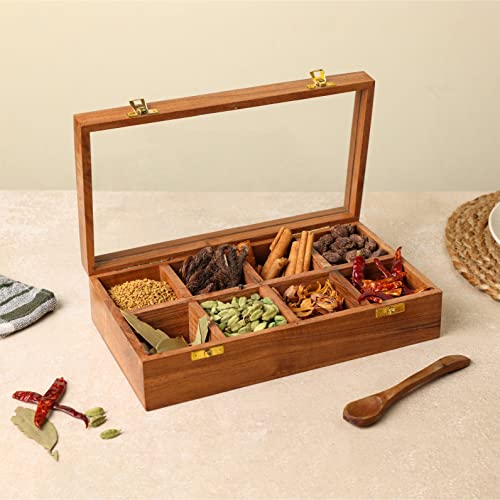 dudki Handmade Mango Wooden Spice Box for Kitchen for Kitchen with 8 Small Partitions and Transparent Top Lid with one Wooden Spoon - Image 1