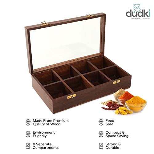 dudki Handmade Mango Wooden Spice Box for Kitchen for Kitchen with 8 Small Partitions and Transparent Top Lid with one Wooden Spoon - Image 5