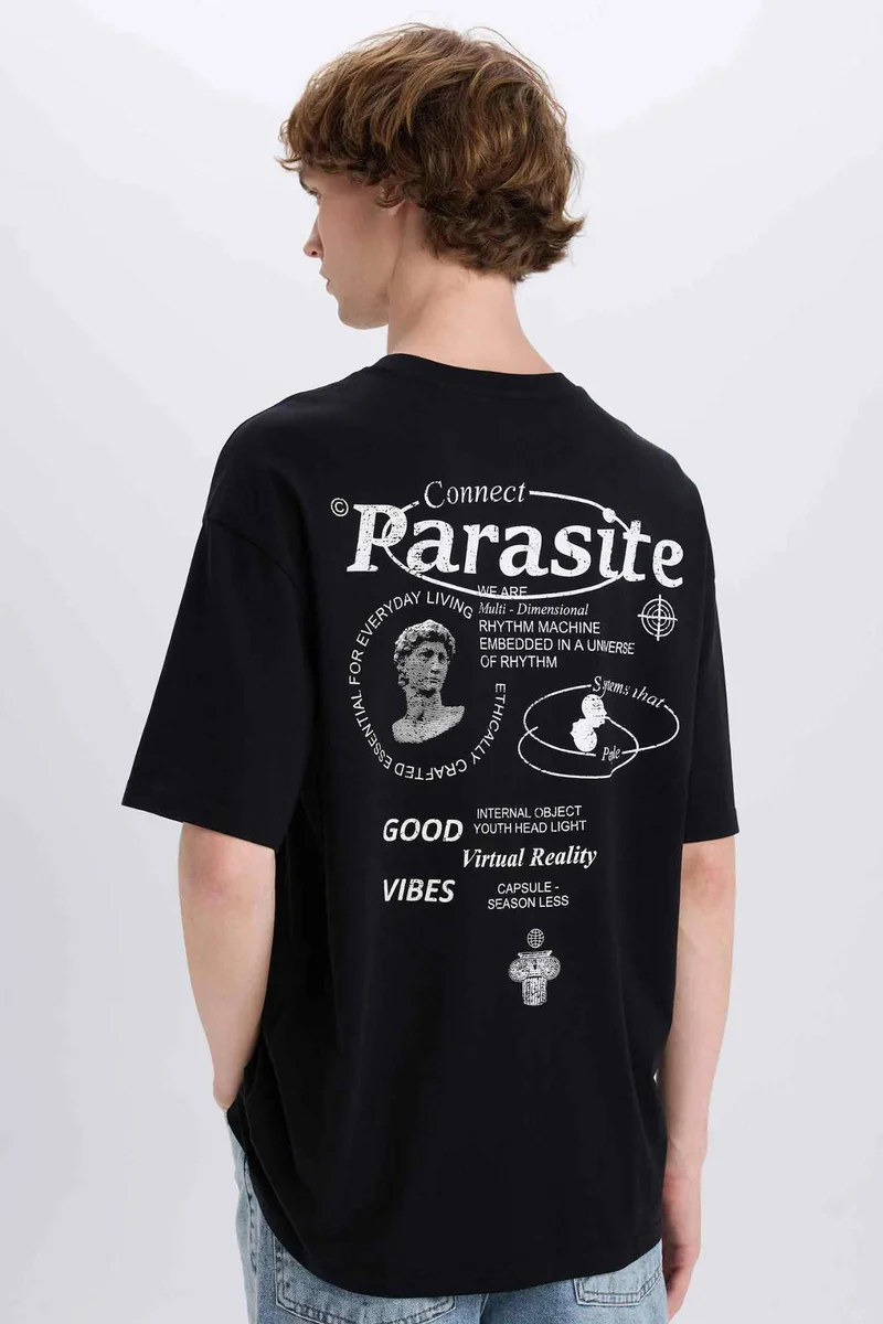 ديفاكتو Cotton Boxy Fit Crew Neck Back Printed T-Shirt