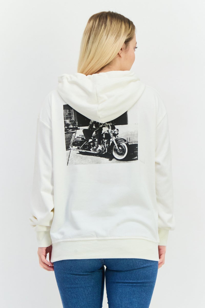 ELVIS Women Hooded Brand Logo Long Sleeves Sweatshirt, Off White - Image 3