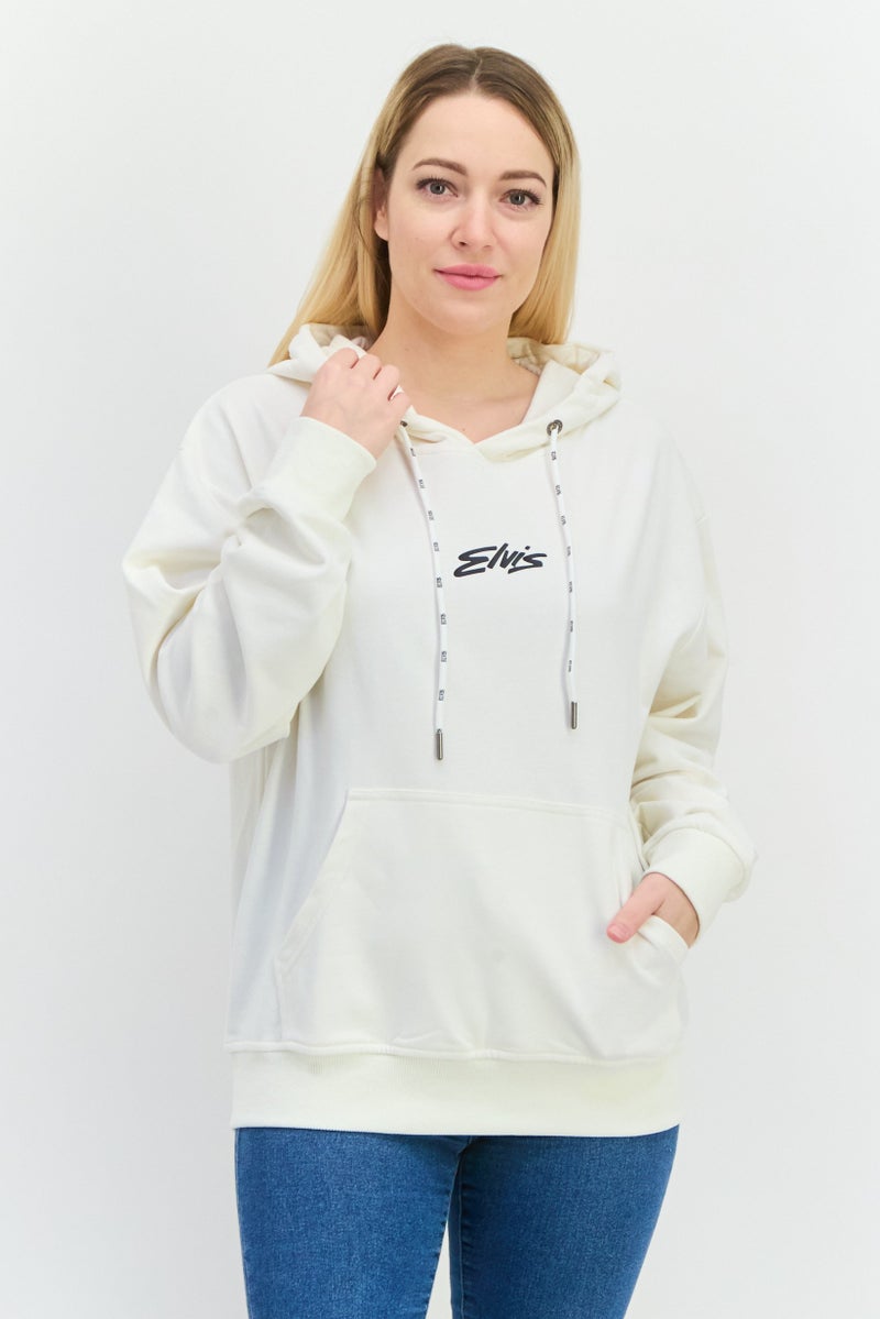 ELVIS Women Hooded Brand Logo Long Sleeves Sweatshirt, Off White - Image 1
